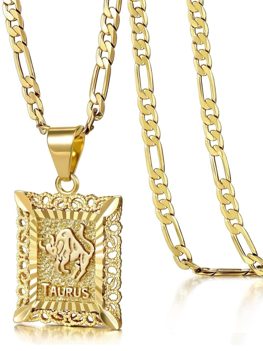 Gold Plated Taurus Pendant Figaro Chain Necklace for Men - Zodiac Bull Charm